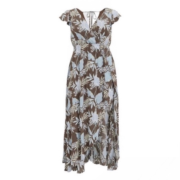 NWT Torrid blue/brown floral gauze walk through romper with a maxi skirt overlay - Picture 5 of 10